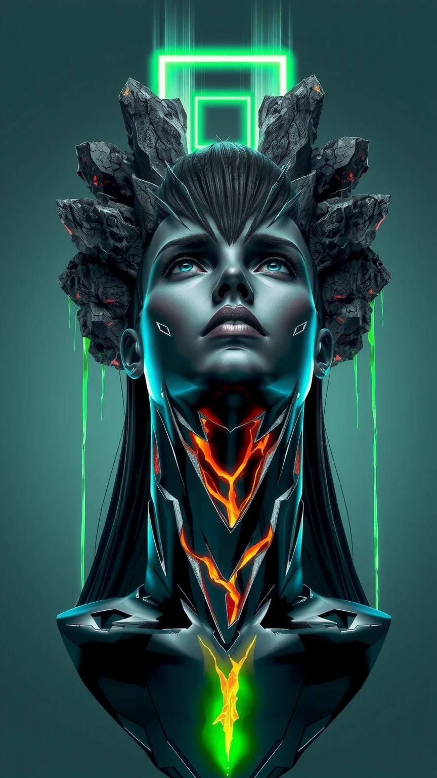 This image is a stunning portrayal of a futuristic male figure, blending hyper-realism with surrealist design. At its center is a humanoid bust, its surface an intricate interplay of polished, obsidian-like textures and sharp, angular cuts that streak across the face and neck. These obsidian fractures expose glowing, molten veins of orange and gold beneath the dark, glossy exterior, evoking the image of a living, volcanic entity. The smooth, black surface reflects light with an almost liquid brilliance, giving the figure a striking, otherworldly presence.

The face is sharp and angular, exuding strength and intensity. Long, flowing hair cascades around the head, merging seamlessly into the obsidian structure, with strands appearing almost as extensions of molten stone, glowing faintly at the tips. The figure’s expression is one of calm power, the head tilted upward as if transcending its physical form, lips closed in a contemplative pose.

Crowning the figure is a radiant, neon-green rectangle, cutting through jagged, volcanic rock formations that hover above the head. The glowing green plane emits a powerful luminescence, casting vivid light onto the face and hair while illuminating the cracks in the obsidian. Thick streams of fluorescent-green liquid drip from the edges of the rectangle and the rocks, their motion captured mid-flow, appearing alive as they cascade downward.

The backdrop is a minimalist gradient of muted cyan and gray, allowing the subject to dominate the composition. The contrast between the organic, rugged textures of the obsidian and the geometric precision of the glowing green rectangle highlights the tension between natural chaos and synthetic order. This artwork captures a transcendent male figure, both primal power and futuristic sophistication in a moment of cosmic balance.