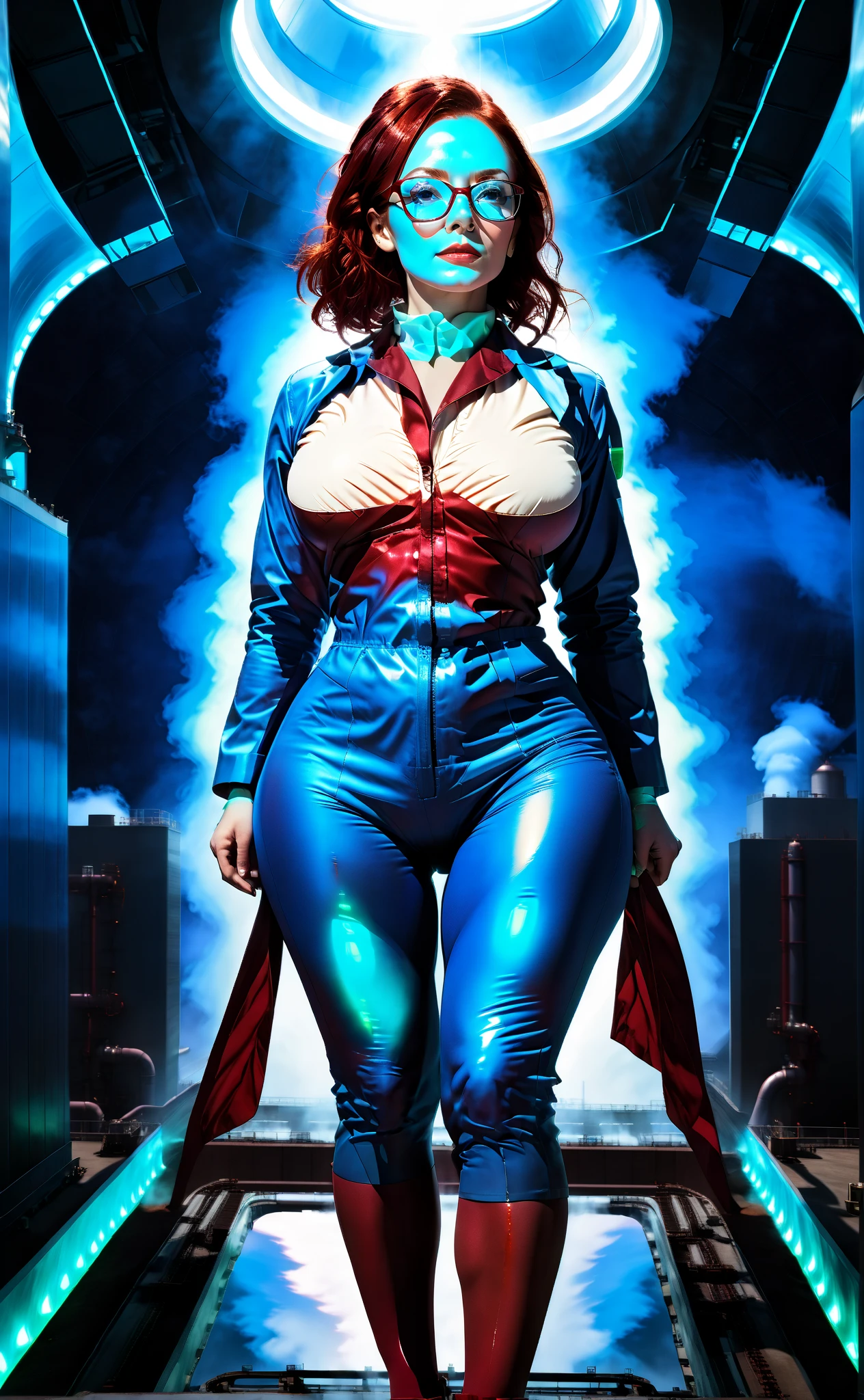 Woman, 30 years old. Nuclear scientist. Labcoat and glasses. Dark red hair. Irradiated by a radiation leak at nuclear power plant. Iridescent blue glow. She is transforming, growing into a 80ft tall giantess. Her muscles tighten and bulge. Her limbs lengthen and hips widen. Her breasts swell to enormous proportions. She grows through the roof of the containment building. Feeling powerful, strong,  sexy. 