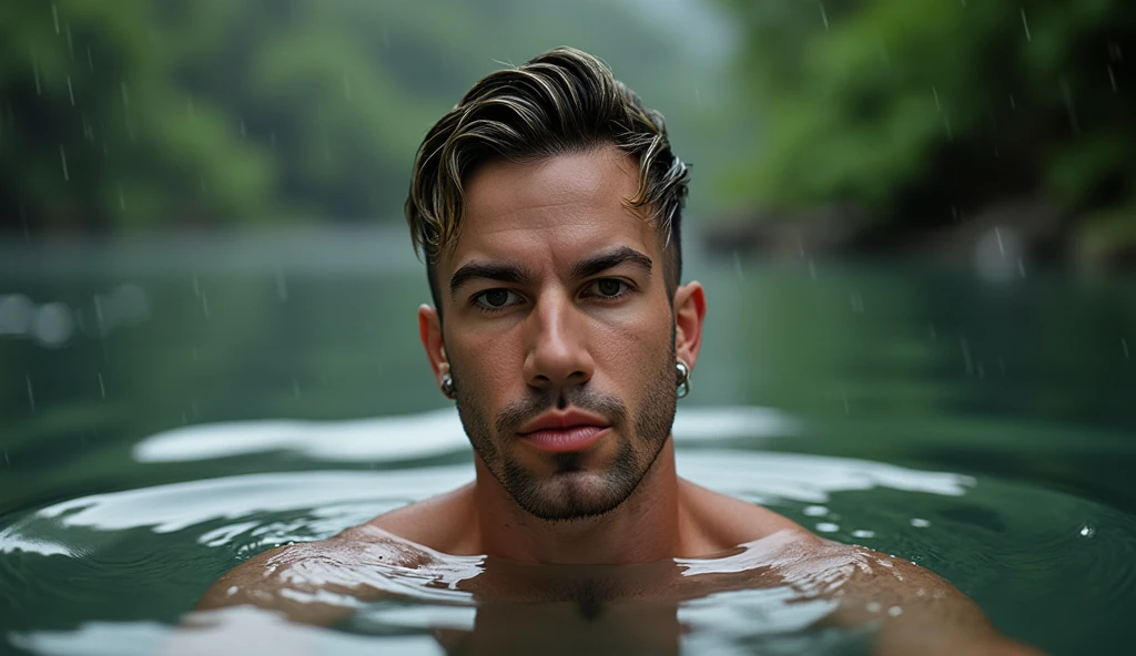 Actor Aaron Taylor Johnson with white hair in a pool in California.