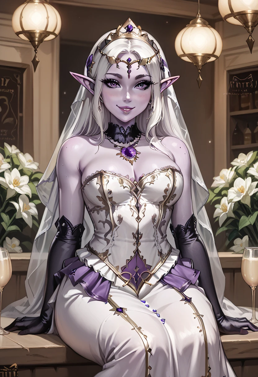 Sitting on the surface of a medieval bar is a drow elf girl. She has purple skin and long white hair and wears lip gloss that accentuates her full lips. Her striking purple eyes are highlighted with eyeliner. She is dressed in a lace dress, complemented by lace elbow gloves and a circlet. The outfit showcases her cleavage, and she has big breasts and a tall, slim figure. The dimly lit atmosphere enhances her Nyantcha style. She has a crown that suggests her status as a princess, and her harem-inspired outfit adds to her charm. With a sweet smile, she looks invitingly at the viewer while sitting with her legs crossed, showcasing her curvy body. She exudes a sweet aura and a sense of happiness, appearing content alone. Her voluminous hair frames her face, adding to her captivating presence. Purple skin, not human. Purple skin, not human. Purple skin, not human. Purple skin, not human. Purple skin, not human. White flowy dress, White flowly dress White flowly dress White flowly dress White flowly dress White flowly dress White flowly dress White flowly dress, alone, alone, alone, alone