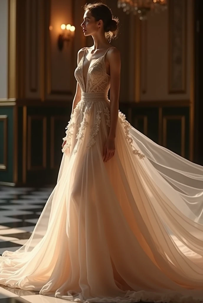 Can you make me a dress with a corset with a draped structure and a skirt with the front uncovered to the knee with a balloon structure?