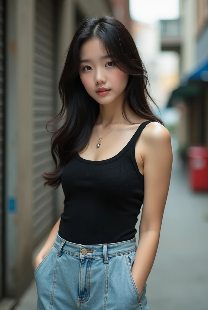 best quality,masterpiece,ultra high resolution,8 thousand(realism:1.4),RAW picture작가,picture,1 girl,filmgrain,picture,natural skin texture,Realistic eye and face details,lipstick,Black shirt,Denim shorts,(sit down and eat at the restaurant),Hair blowing in the wind,Natural background,blur background,detailed background,glowing skin,light smile,real image,Light and shadow effects,natural and soft light,Studio Quality,And the sun was shining brightly,Accurate and complete human anatomy,Hair Detailed,Long-range shooting,전신 picture