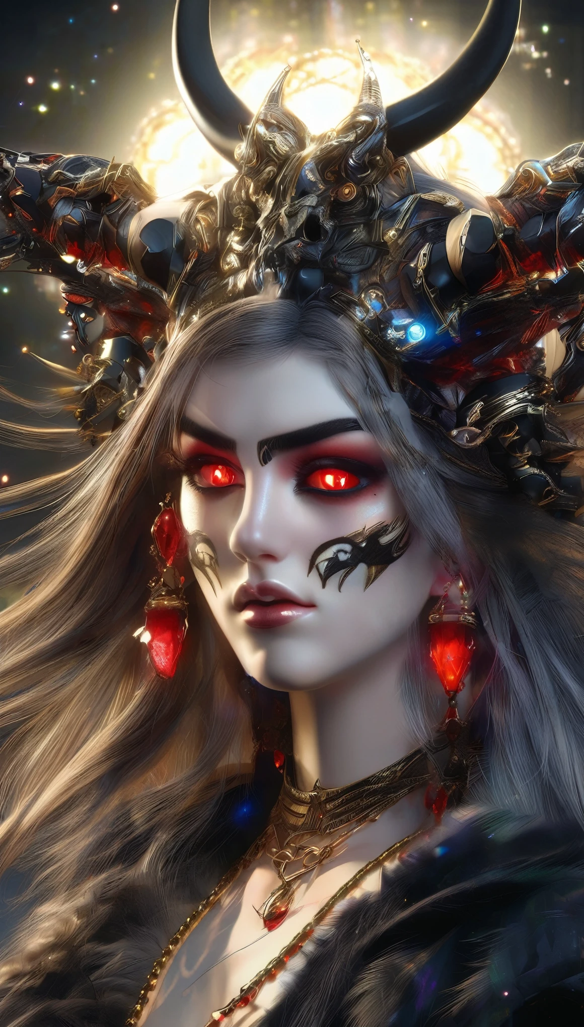 1 girl,  High Resolution ,  red eyes , From the side , Work of art, Accurate,  photo, Fine details,  long hair ,  Earrings, Furrowed Eyebrows,  Angry ,  Eye Glow ,  Devil's Pupils , Flowing Tears , evil, CROCS,  Face Bandage ,  Bone Hair Ornament,  Demon Horns , Jewelry,  Spark , Divine Rays, 