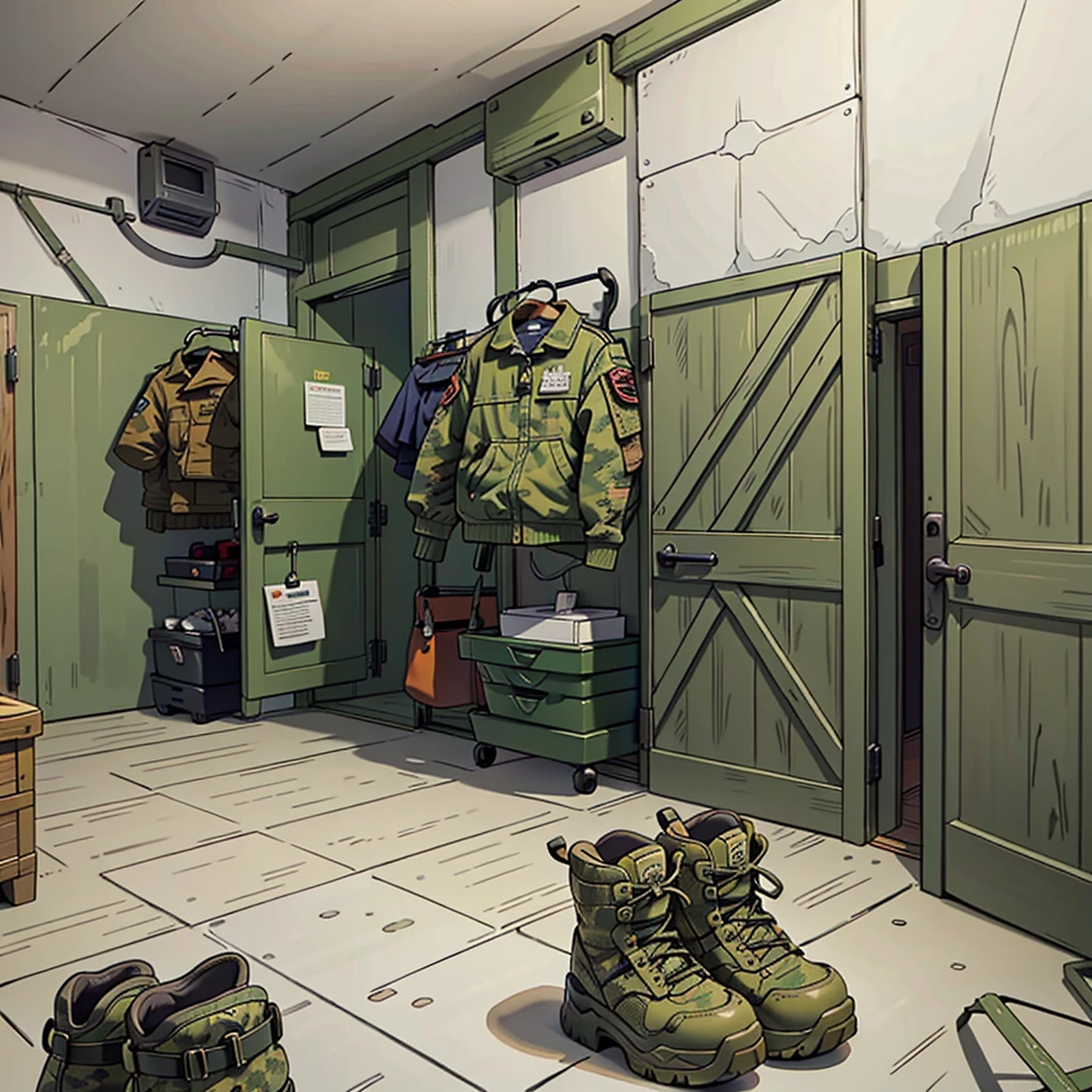 A room with a wardrobe with camouflage jackets and army boots 