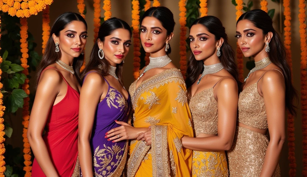 "A group of five women standing together, wearing traditional Indian sarees in different colors and styles. Each woman has a unique facial structure, hairstyle, and expression to reflect individuality. One of them, referred to as 'diva,' is the center of attention, wearing an ornate saree with intricate golden embroidery and bold jewelry, exuding confidence and charm. The other four women have distinct features and are dressed in simpler yet elegant sarees in a variety of patterns and colors. Ensure diversity in their facial features, such as skin tones, hairstyles, and accessories. The setting is a festive Indian background, with marigold garlands and soft, warm lighting enhancing the ambiance."