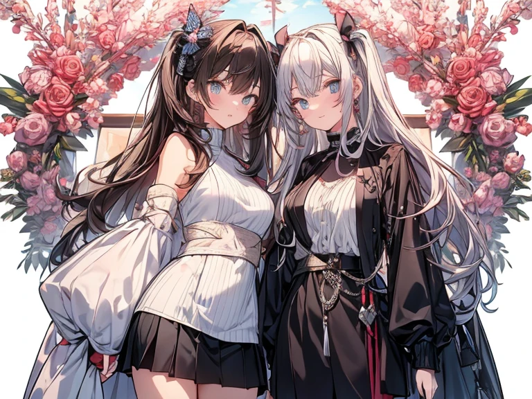 (Best quality),(Detailed), (2 girls),Kizi,white thighhighs, short detailed hair,Medium breasts,JK school uniform,beret,Look at each other