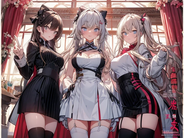 (((solo three girls),
Physical Appearance Cerberus: Cast of Helltaker, a short demon girl with pale skin, red irises, a black arrowhead tail, and silver-white hair. Depicted as 3 girls instead of 1, they have white canine ears emerging from under their hair on top of their heads. They also have small fang-like canine teeth present in their mouths. He wears more form-fitting clothing, wearing long-sleeved red button-up shirts under black-striped suit vests and black skinny suit pants. They wear black cuffs over their red shirts just below the shoulder, as well as black gloves and black ties tucked under their vests. Their tails seem to emerge from under their vests and over their pants. Rear side solar lighting))