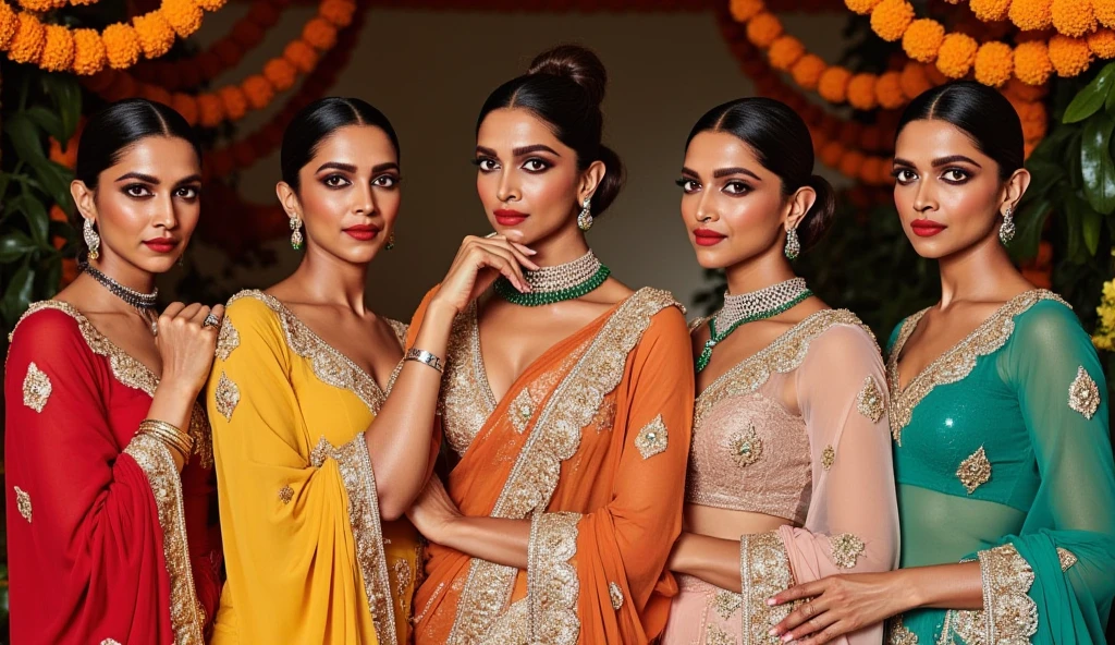 "A group of five women standing together, wearing traditional Indian sarees in different colors and styles. Each woman has a unique facial structure, hairstyle, and expression to reflect individuality. One of them, referred to as 'diva,' is the center of attention, wearing an ornate saree with intricate golden embroidery and bold jewelry, exuding confidence and charm. The other four women have distinct features and are dressed in simpler yet elegant sarees in a variety of patterns and colors. Ensure diversity in their facial features, such as skin tones, hairstyles, and accessories. The setting is a festive Indian background, with marigold garlands and soft, warm lighting enhancing the ambiance."