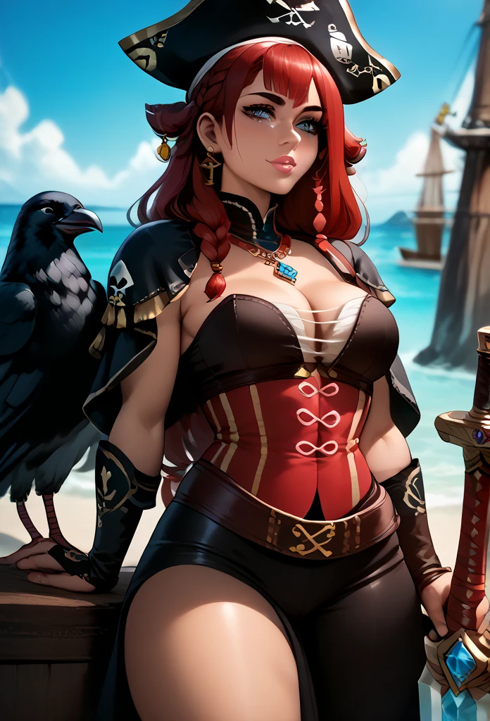 mixed_artstyle, 1 girl, hands, (best quality, 4K, Artwork :1.3), beautiful, hyper-realistic, ultra-detailed face, Detailed lips, detailed, cyberpunk, pirate, pirate woman, captain, crows, black long braid hair Straight bangs, jewelry, half cyborg, blue crystal sword, clothes with crow feathers, stylized, tattoo