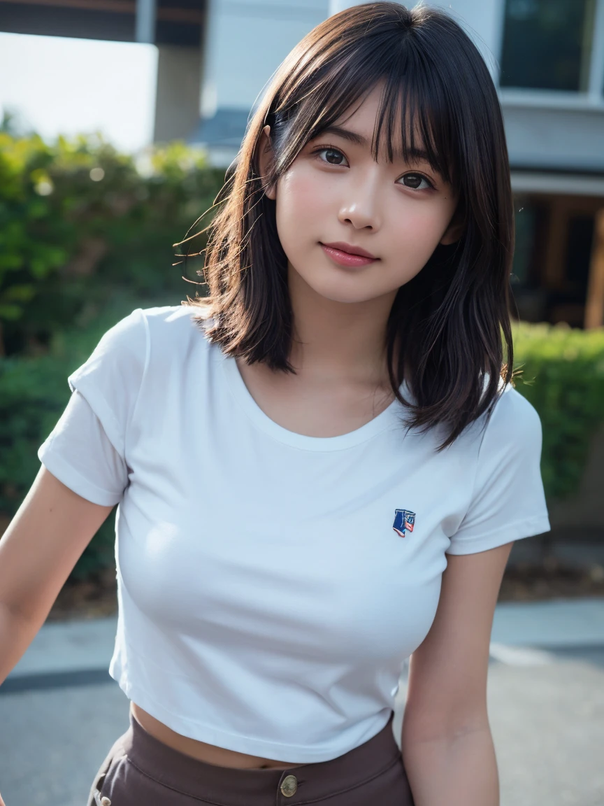 (8k),(masterpiece),(Japanese),(8-year-old girl),((innocent look)),((Childish)),From the front and above,smile,cute,Innocent,Kind eyes,Plain T-shirt,Short sleeve,Short skirt with blue check,semi-long,Hair blowing in the wind,Black Hair,Somewhat strong wind,noon,bright