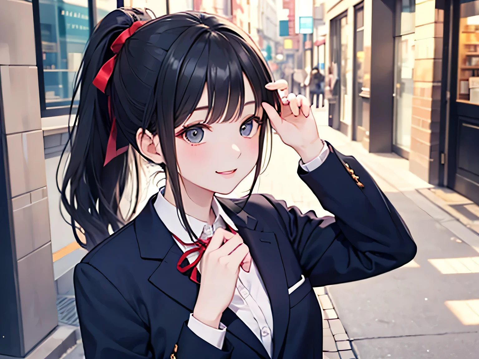 In the shopping district after school, a high school girl with black hair and a ponytail was trying to forcefully hold my hand, she was looking at her fingers with a mischievous smile, she was counting her fingers and explaining, and she was wearing a navy blue blazer with a ribbon.