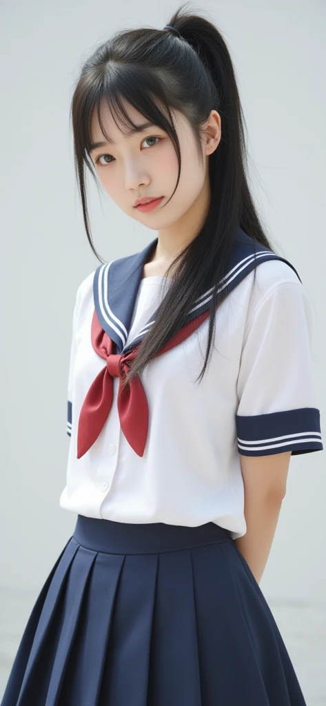 (Masterpiece, Highest quality:1.2), 8k, beautiful girl, 85mm,OFFICIAL AR RAW PHOTO, Young face、big breasts、Show me your ears.、photography, Cute face, thigh, classroom after school, looking at the audience, Embarrassing、smile、No makeup, Film texture, Chromatic aberration, Sharp focus, face light, clear light, ten generations, detailed face, background bokeh、((((((15 year old high school girl))))))、Thin waist、sailor suit、Navy blue short skirt、open skirt, white panties, bare chest, Not wearing a shirt, nude