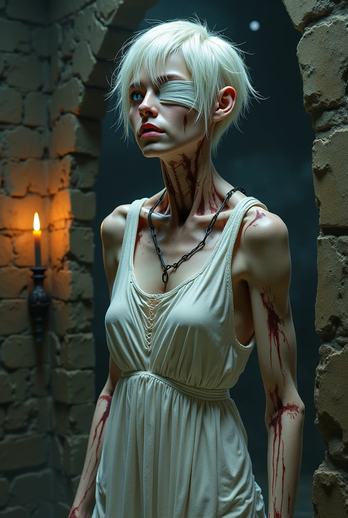 (((a deep reddish wound crosses her left cheek))) fair complexion, woman around 19 years old, natural white hair, distinctive green eyes, wearing kohl, slender and graceful, beautiful, candlelight in a medieval setting, ultra sharp focus, realistic shot, medieval female clothes, tetradic colors (scar:1.4), nude