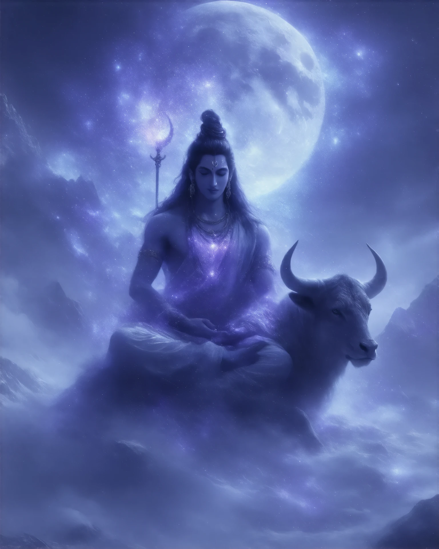 (masterpiece: 1.2), 1 male, Lord Shiva, and 1 female, Goddess Parvati, in divine presence, seated in meditation gracefully on the magical, pristine, luminous white snow-covered peaks of Mount Kailash. The background features a peaceful cosmic galaxy illuminating the night sky in electric violet and celestial white. The scene captures the love and devotion between the divine couple in a meditative pose.
Shiva is depicted in meditation, closed eyes, with fair skin, his long matted hair floating, adorned with a crescent moon and Ganga flowing from his topknot. He wears garlands made of sphere-shaped beads around his neck and arms and is dressed in minimal tiger-skin cloth. a giant bull, rests peacefully, and Shiva holds his glowing trident (trishul).
Parvati is beautifully adorned in a red and gold glowing saree and blouse,  depicted in meditation. Lotus flowers radiate a soft, divine grace around her. The artwork is enriched with sacred Hindu symbols, including a glowing Shiva lingam and vibrant lotuses in glowing emerald and pink.
The scene is brought to life with vibrant colors, intricate details, and a fantasy, ethereal, cosmic, and divine art style, capturing the ethereal love of this divine couple.