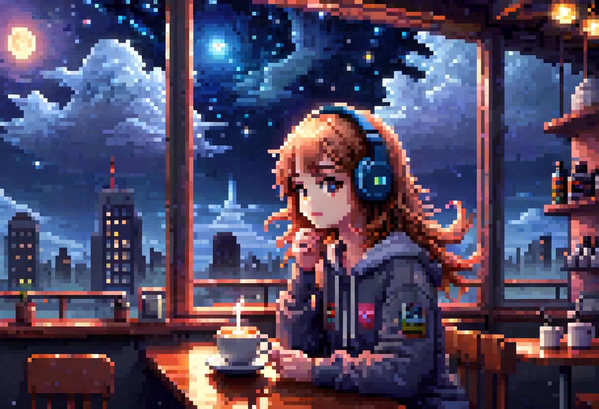 pixel art, kobo kanaeru, ((masterpiece)),(((bestquality))),((ultra-detailed)) realisticlying, 1 girl, Beautiful, wearing headphones, enjoying hot coffee solo, Late Night Cafe, looking to viewer, city, starry sky, cloud, night.