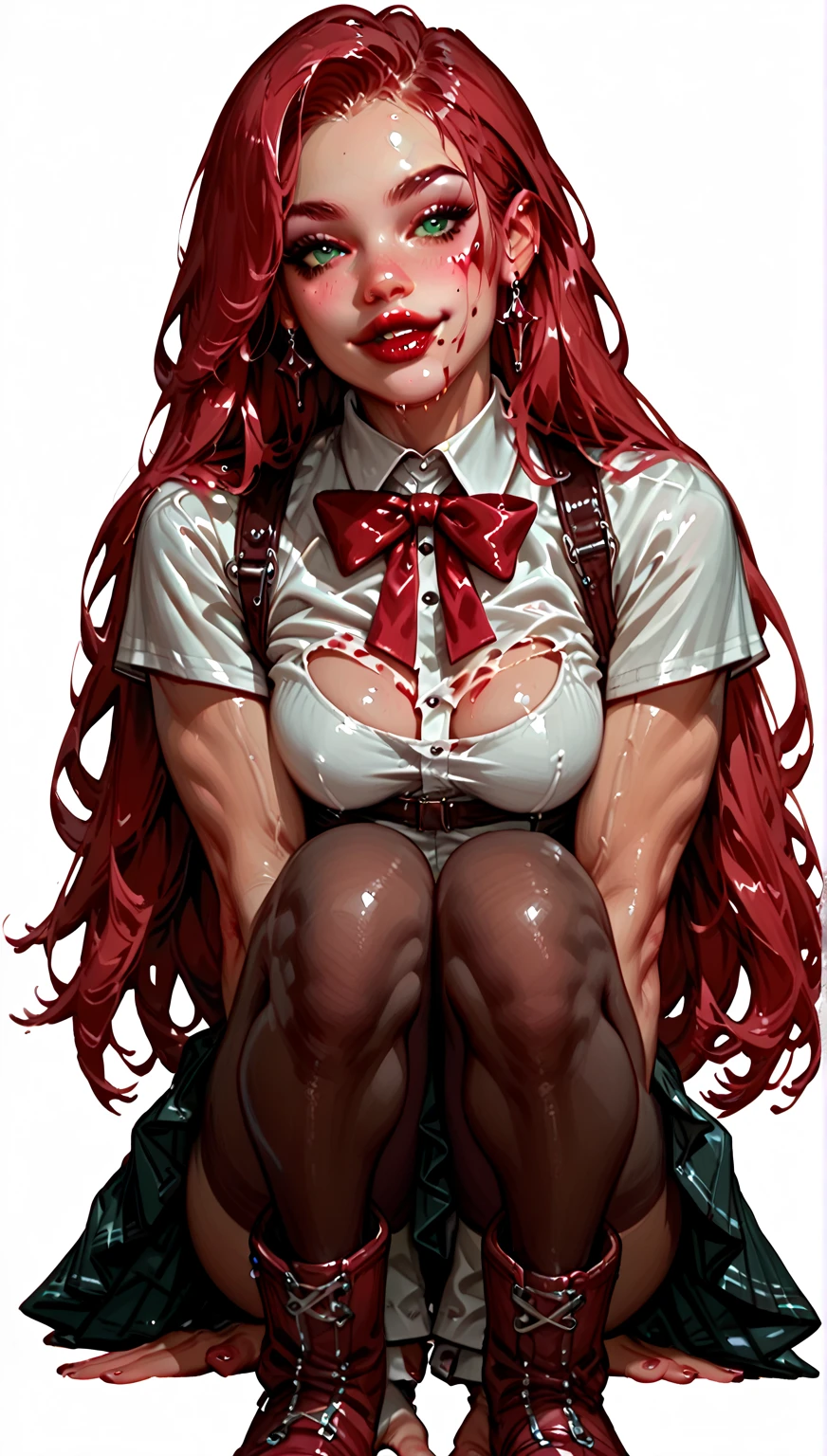  A seductive and beautiful young woman with a soul ,  full of pure evil and hate .  Charming green eyes ,  Long-haired red-haired serial killer in a pink lace tank top,  pleated skirt, tights, and military boots. Surrounded by blood and bodies .   She brutally stabs a muscular man in the back ,  a bloody knife in her right hand .  An ominous smile crosses her glossy red lips .