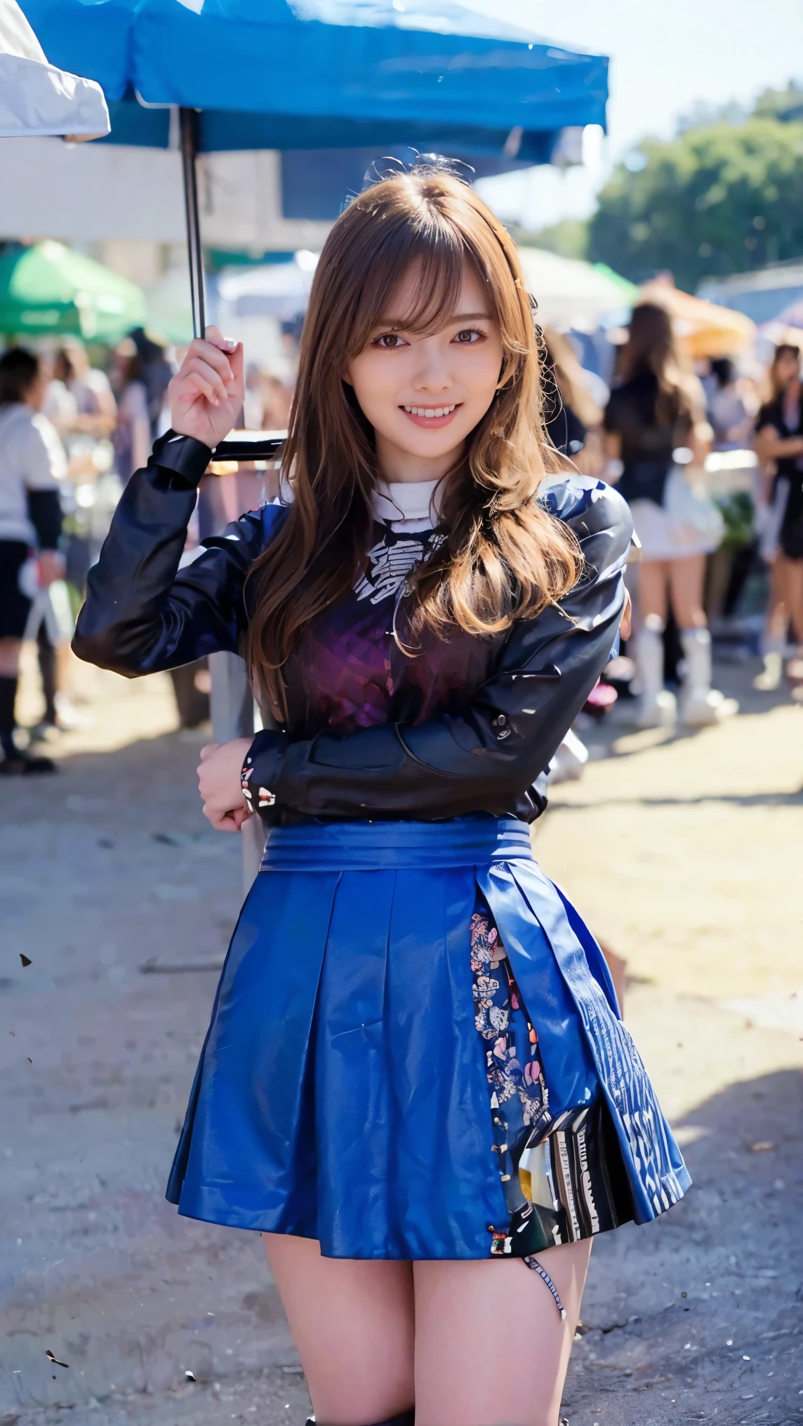 (masterpiece, top quality, top quality, Official Art, beautiful、 beautiful:1.2), ,(RAW 写真 top quality:1.1),( one girl), high definition, very detailed, Ultra-precision performance, Alone, Floating Hair, GROWING SKIN ,Asymmetrical long hair, (:1.2), perfect body, slender body, smiling face , standing with her hands on her hips、 miniskirt, thighs, viewer, Circuit,( race queen:1.8),,Nogizaka46