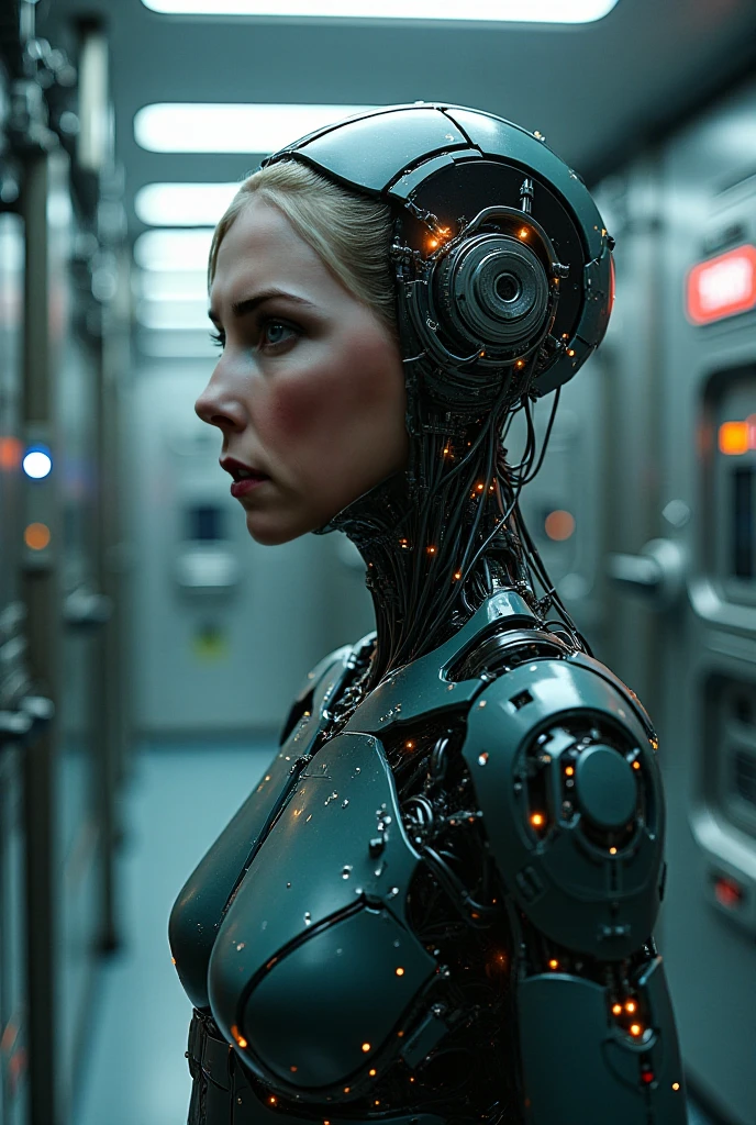cinematic photo 1girl, cyberpunk, science fiction, cyborg, looking at viewer, realistic, medium breasts, blue eyes, brown hair, lips, long hair, blurry background, cable, mechanical parts, upper body, android, armor, very detailed, dramatic light, sharp focus, cool, full color, cinematic, candid, artistic, extremely inspirational, beautiful, inspiring, thought
<lora:CyborgsXL:1>, , <lora:FILM_PHOTOGRAPHY_STYLE:0.25> . 35mm photograph, film, bokeh, professional, 4k, highly detailed