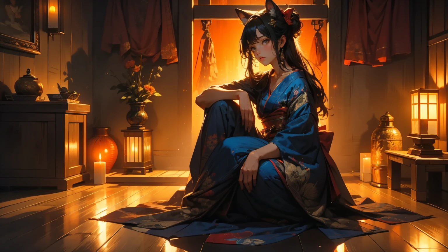 A Japanese  girl, elaborate navy blue kimono, elaborately decorated ancient-Japanese hair, black eyes, the pair of fox's ears on her head. pose: sitting facing the viewer, on a red cushion,head slightly bow,playing the shamisen. Setting: Night, traditional Japanese wooden room, wooden floor, Japanese style candle holder. Candle light, dim, soft, orange light, with shadows.