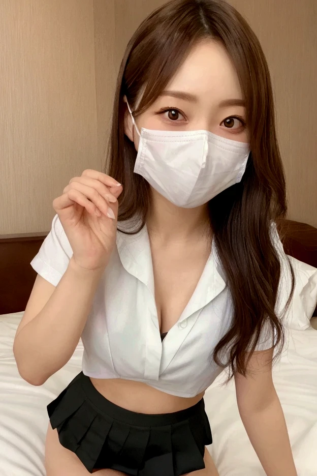 1 girl,(Wearing white nurse clothes:1.2),(RAW Photos, highest quality), (Realistic, photo-Realistic:1.4), masterpiece, Very delicate and beautiful, Very detailed, 2k wallpaper, wonderful, finely, Very detailed CG unity 8k wallpaper, Very detailed, High resolution, Soft Light, Beautiful detailed girl, Very detailed eyes and face, Beautiful and detailed nose, finely beautiful eyes, nurse, Perfect Anatomy, Black Hair, Upstyle, nurse uniform, ((mask)), Long skirt, nurse, White costume, thin, hospital, clear, White Uniform, hospital room, Neck auscultation,Bobcut