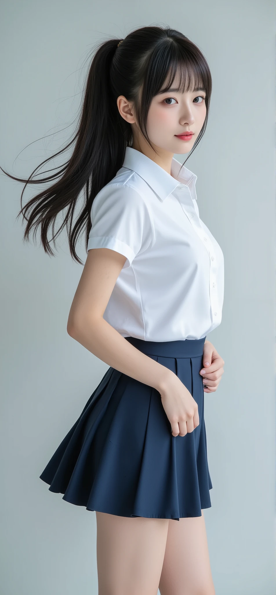 Real Japanese Beautiful Girls、 high school girl、uniform、 black hair、 ponytail、Standing、 angle from below、