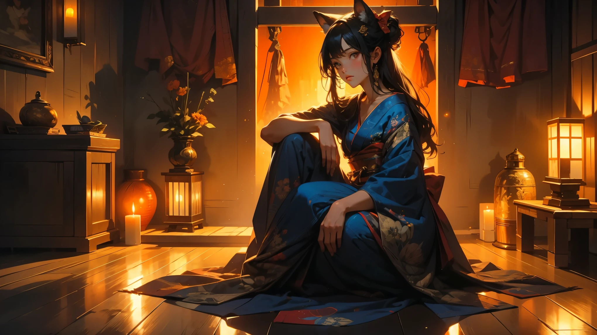 A Japanese  girl, elaborate navy blue kimono, elaborately decorated ancient-Japanese hair, black eyes, the pair of fox's ears on her head. pose: sitting facing the viewer, on a red cushion,head slightly bow,playing the shamisen. Setting: Night, traditional Japanese wooden room, wooden floor, Japanese style candle holder. Candle light, dim, soft, orange light, with shadows.