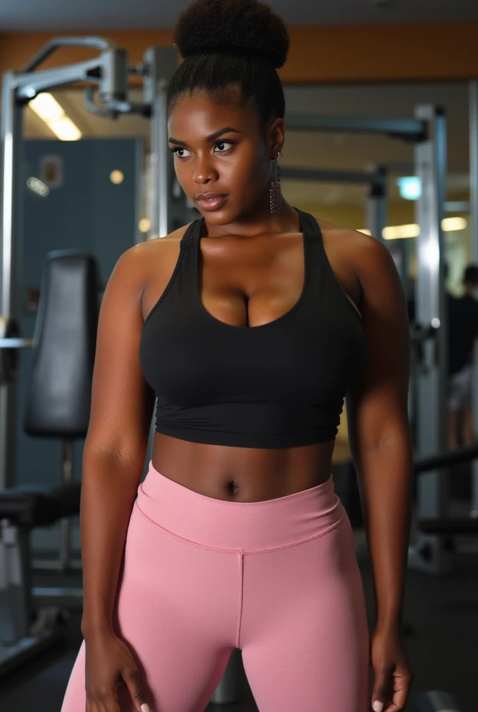 Foto hiperrealista en primer plano de Tyla, masterpiece, best quality, (photorealistic:1.4), full body, (crop top and legging:1.1), hitting the gym, neons, cinematic light, beautiful woman, skinny, large breasts, black curly hair, detailed face, smile, facing the camera, photo taken from a distance