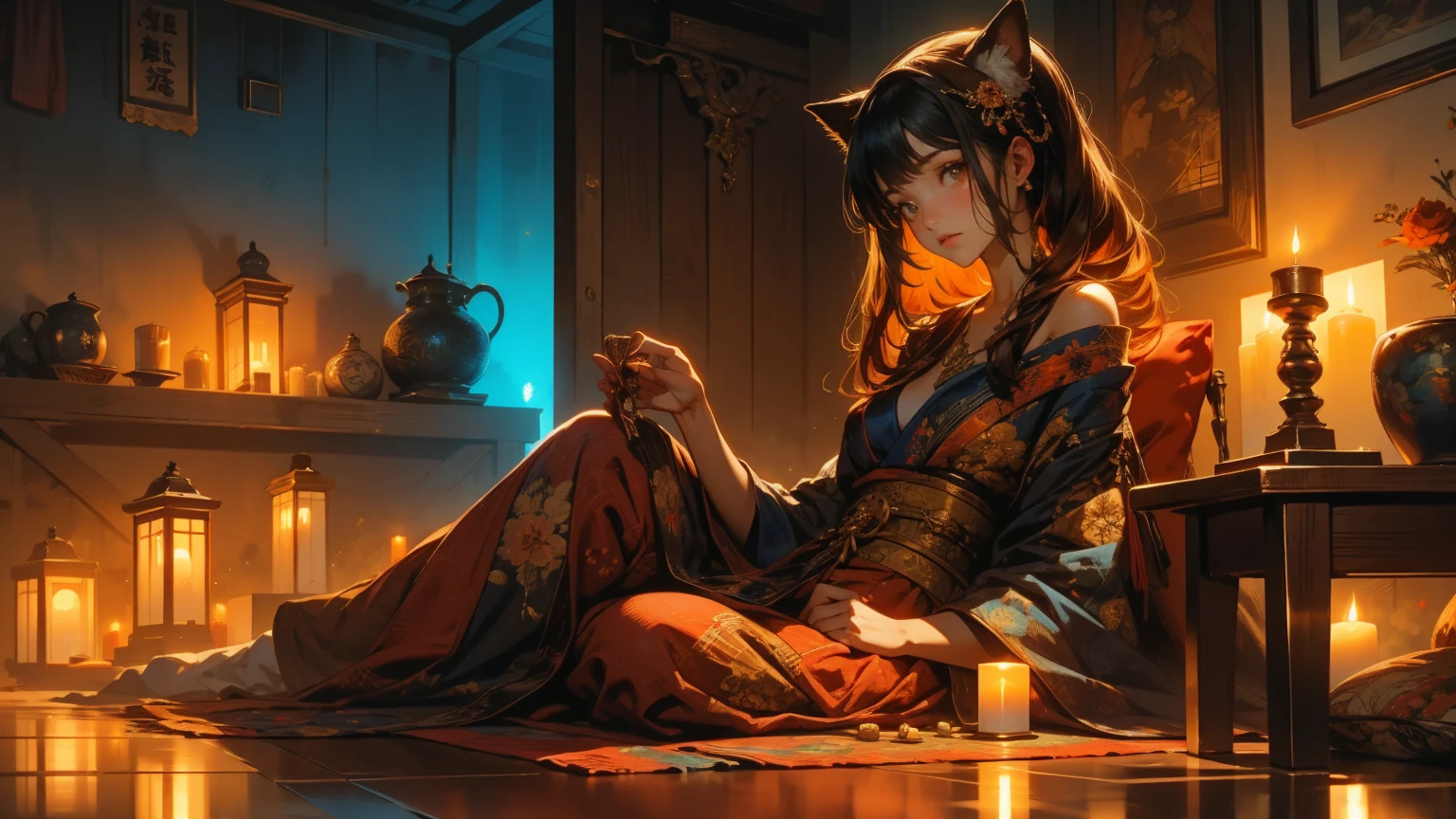 A Japanese  girl, elaborate navy blue kimono, elaborately decorated ancient-Japanese hair, black eyes, the pair of orange fox's ears on her head. pose: sitting facing the viewer, on a red cushion,head slightly bow,playing the shamisen. Setting: Night, traditional Japanese wooden room, wooden floor, Japanese style candle holder. Candle light, dim, soft, orange light, with shadows.