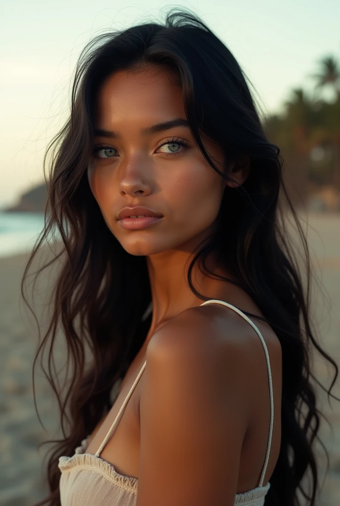 woman with extremely blue eyes, black hair, with a toned, athletic body and completely naked
