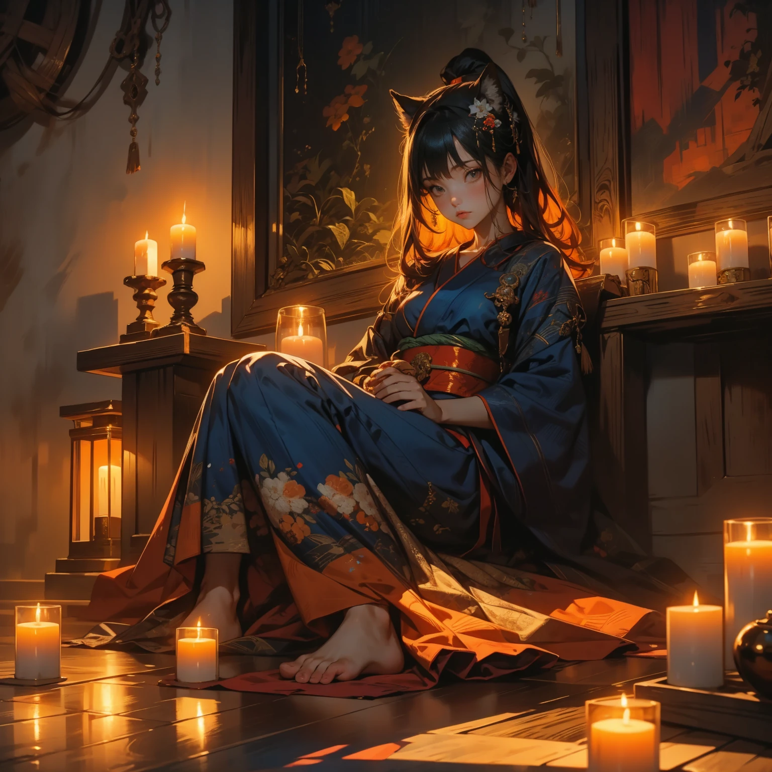 A Japanese  girl, elaborate navy blue kimono, elaborately decorated ancient-Japanese hair, black eyes, the pair of orange fox's ears on her head. pose: sitting facing the viewer, on a red cushion,head slightly bow,playing the shamisen. Setting: Night, traditional Japanese wooden room, wooden floor, Japanese style candle holder. Candle light, dim, soft, orange light, with shadows.