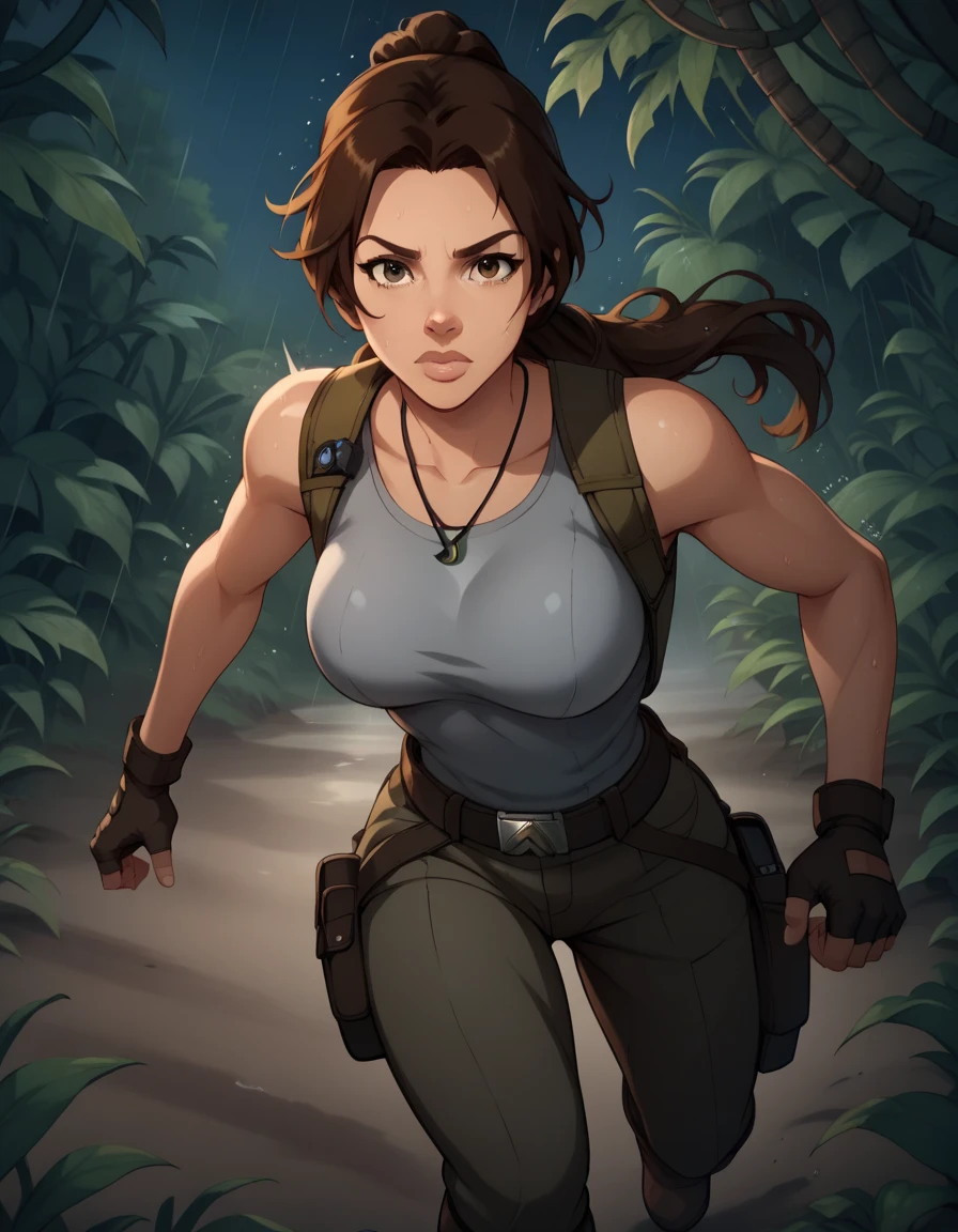 (best quality, masterpiece1.2), (detailed eye:1.2), complex detail, depth of field, 1girl, jungle, crop top, angry, sweat, brownhair, exploration, embarrassed, backpack, (tomb raider: 1.2), (Lara Croft: 1.2), gun strap to leg, action, dynamic, (big fire), Bullets flying, temple