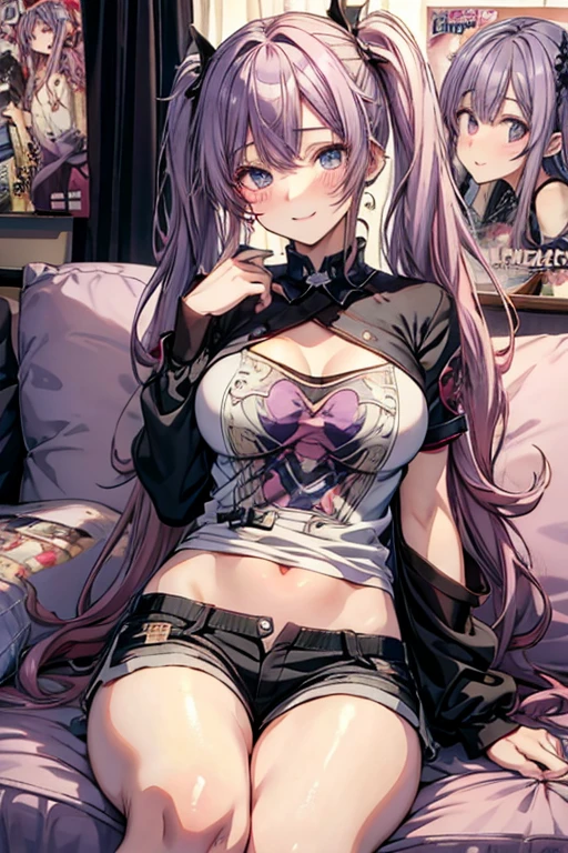 (Feminization:1.5), furry raccoon, (Michiru:1.1), (Luna Crop Top:1.1), crop top, (Luna Shorts:1.1), Bottoms,, 1 woman , alone, blue hair, (multicolored hair),(multicolored eyes), Raccoon ears, two tone hair , bedroom , big bust, wide hips , perfect body