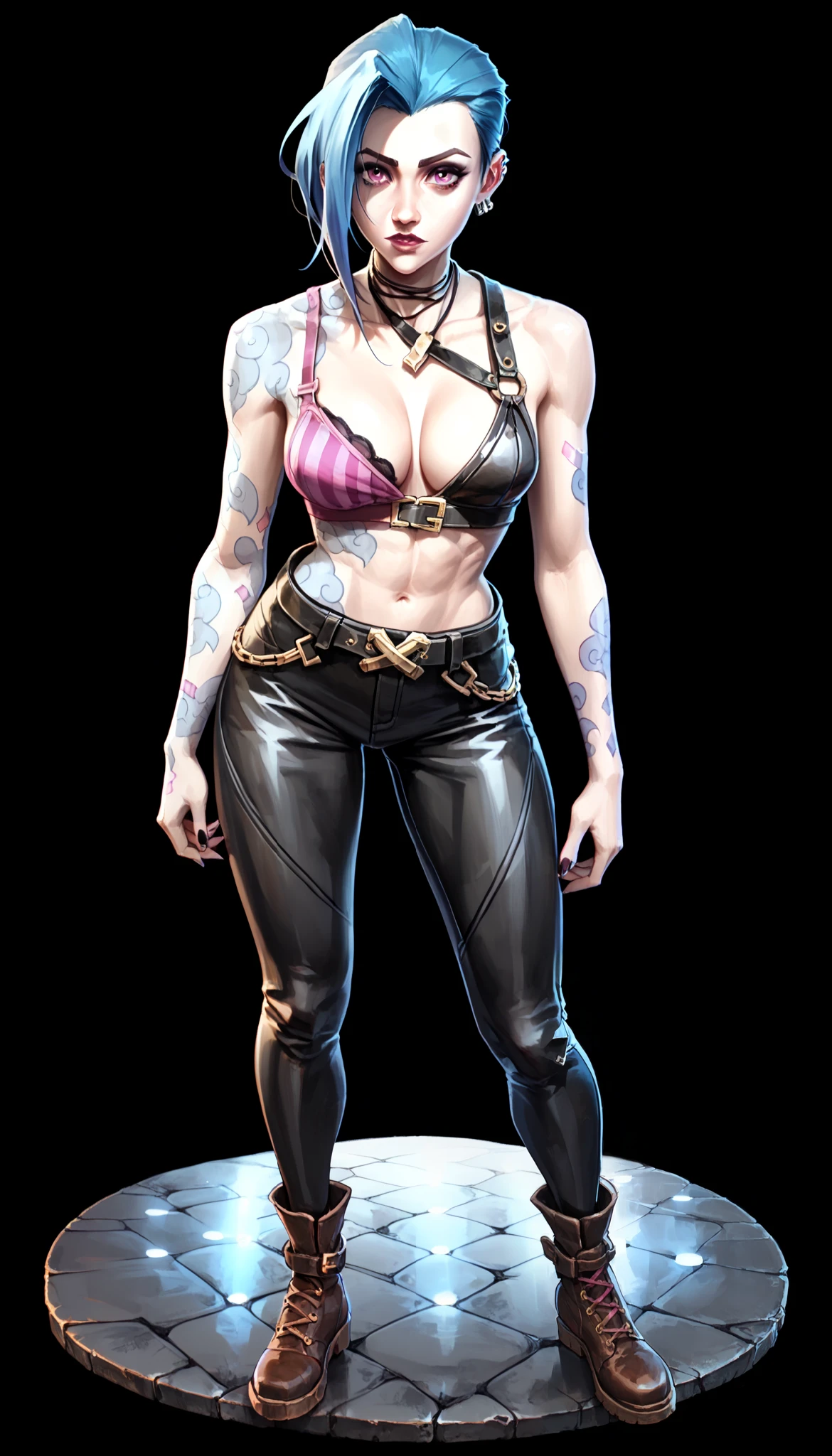 one woman, jinx from league of legends, (purple eyes:1.2), (grey skin:1.2), short hair, blue hair, (full body:1.3), (black background, clear background, stone floor:1.5), (shoulder-belts:1.2), (studio lights, deep shadows:1.3), (slender body, big chest:1.2), (bra, one breast open, exposed breast:1.3), (black leather pants, brown shoes:1.2)