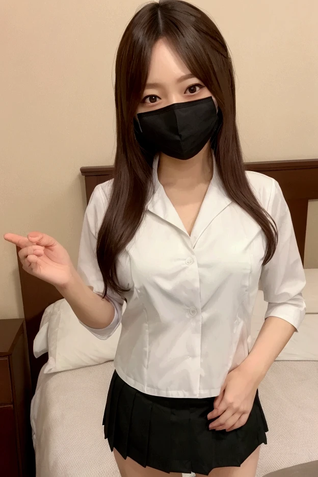 グラビアアイドルポーズ ホテル ベッド 制服 白いシャツ 高解像度 胸が小さすぎないこと ブラックミニスカート スカートを短くする 美しい脚 ...