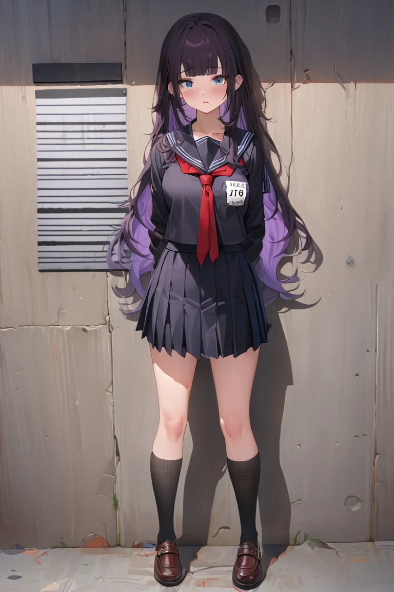 masterpiece,best quality, High score, absurdres, highly detailed, ,a girl,long haired,dark balck hair with purple inner hairs,,bangs,blue eyes, standing, wearing black sailor school uniform and skirt,black long socks,a red tie, Infront of concrete wall,full body, mugshot 