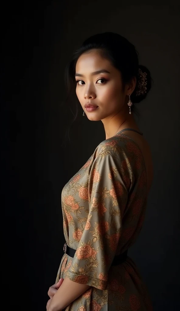 portrait of a slender asian18 year old girl standing alone in a dark gymnasium at senior prom, dark piercing eyes, long blonde hair falling gently around her shoulders, dimples, freckles, wearing a gorgeous off shoulder kimono, cleavage, pensive solemn expression, dof, bokeh, dark lighting,