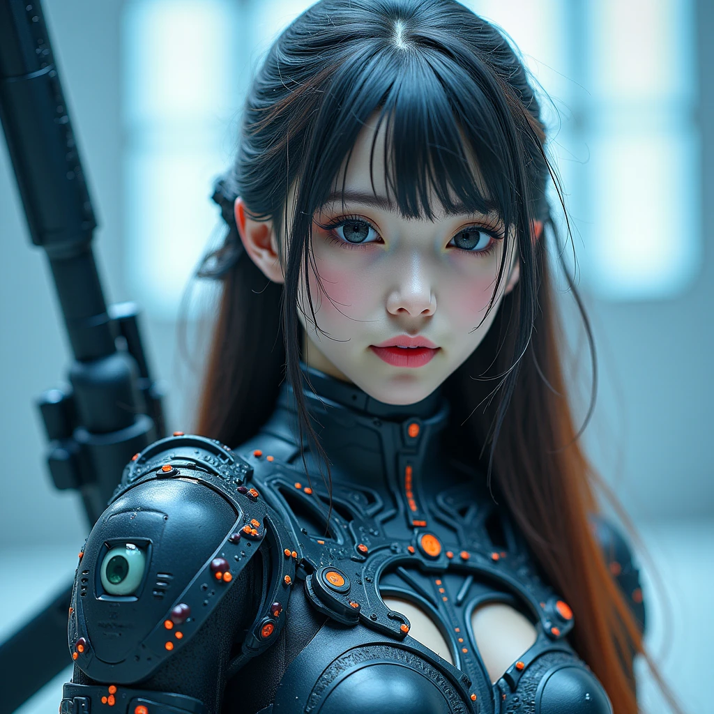 （Fight against mechanical robot soldiers）、top-quality、​masterpiece、超A high resolution、(sexypose),（Wearing a futuristic sun visor）、(Photorealsitic:1.4)、Raw photo、女の子1人、Black hair、glowy skin、((1 Mechanical Girl))、((super realistic details))、portlate、（Small LED lamp）、Wire tubes that glow all over the body、(With state-of-the-art weapons),globalillumination、Shadow、octan render、8K、Armpit、ultrasharp、Colossal tits、Small LED lamp、Raw skin is exposed in cleavage、metals、blood vessels connected to tubes、With weapons、Red bodysuit、Armpit、Cyberpunk city background、Details of complex ornaments、Japan details、highly intricate detail、Realistic light、CGSoation Trends、Blue eyes、radiant eyes、Facing the camera、neon details、（Helmet of the Brave）、Mechanical limbs、blood vessels connected to tubes、Mechanical vertebrae attached to the back、mechanical cervical attaching to neck、Wires and cables connecting to the head、Gundam、Small LED lamp、Toostock、Toostock、