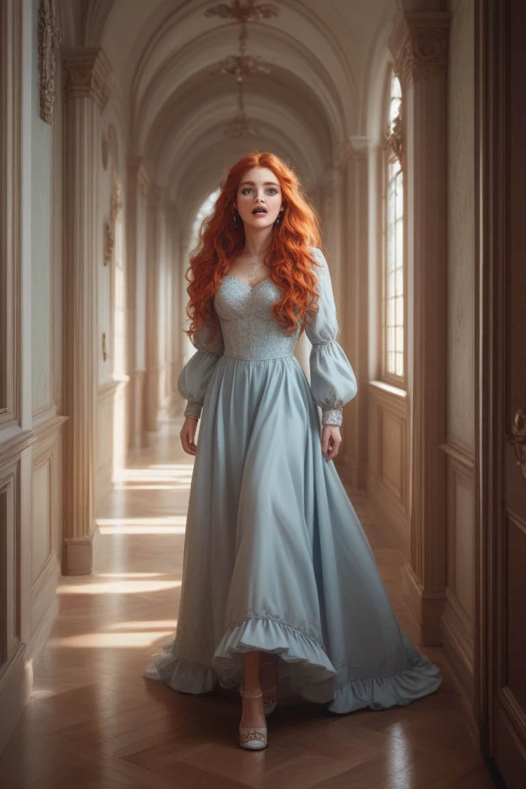 a semi realistic illustration 37 year old redhead woman with long shaggy hair wearing long sleeved lilac dress from the 19th century running down a hallway inside an old mansion looking scared