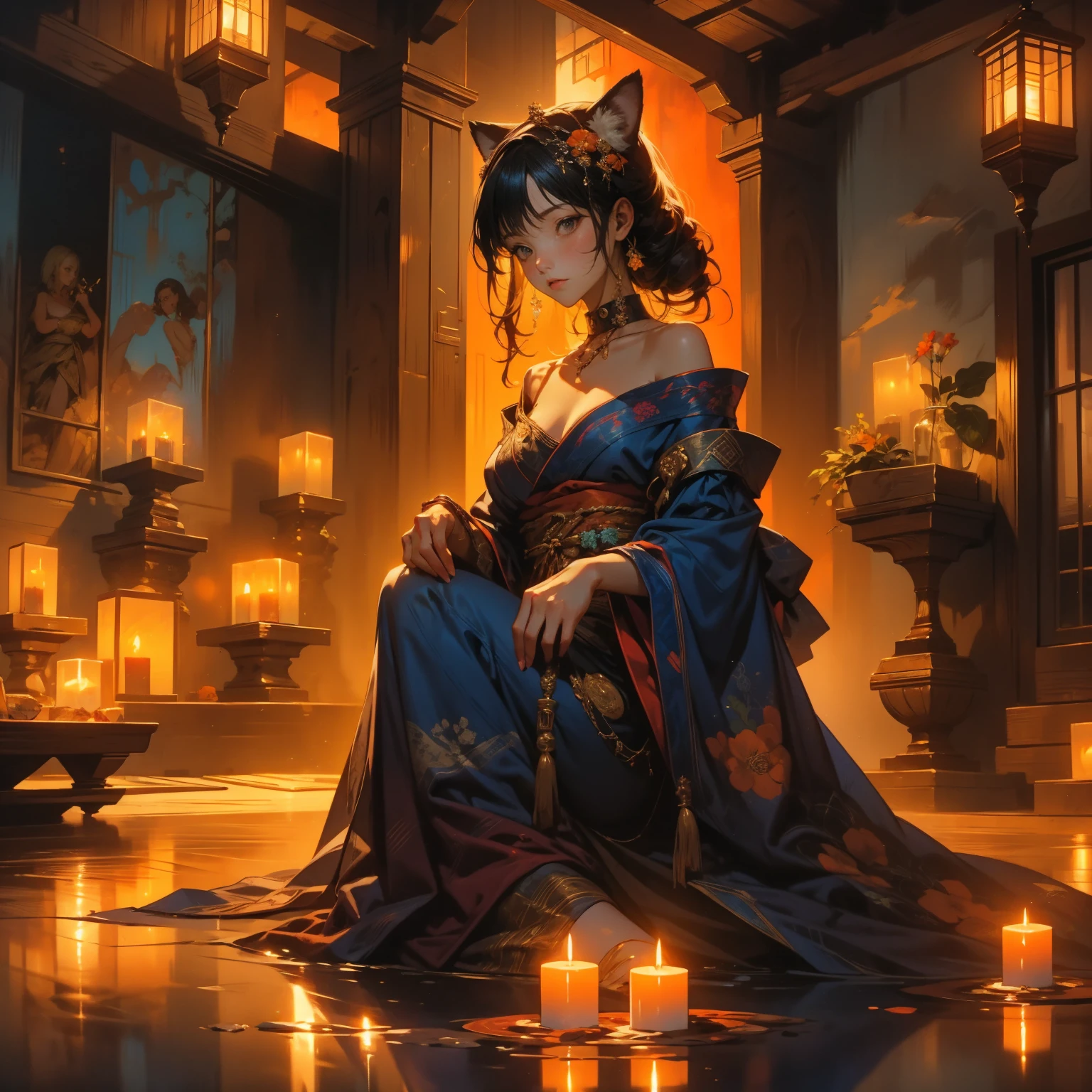 A Japanese  girl, elaborate navy blue kimono, elaborately decorated ancient-Japanese hair, black eyes, the pair of orange fox's ears on her head. pose:  facing the viewer, on a red cushion,head slightly bow,playing the shamisen. Setting: half body portal,  Night, traditional Japanese wooden room,candle light, dim, soft, orange light, with shadows.