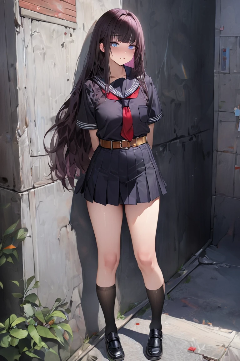 masterpiece,best quality, High score, absurdres, highly detailed, ,a girl,long haired,dark balck hair with purple inner hairs,,bangs,blue eyes, standing, wearing black sailor school uniform,a black school skirt,black long socks,a red tie, Infront of concrete wall, transport belt