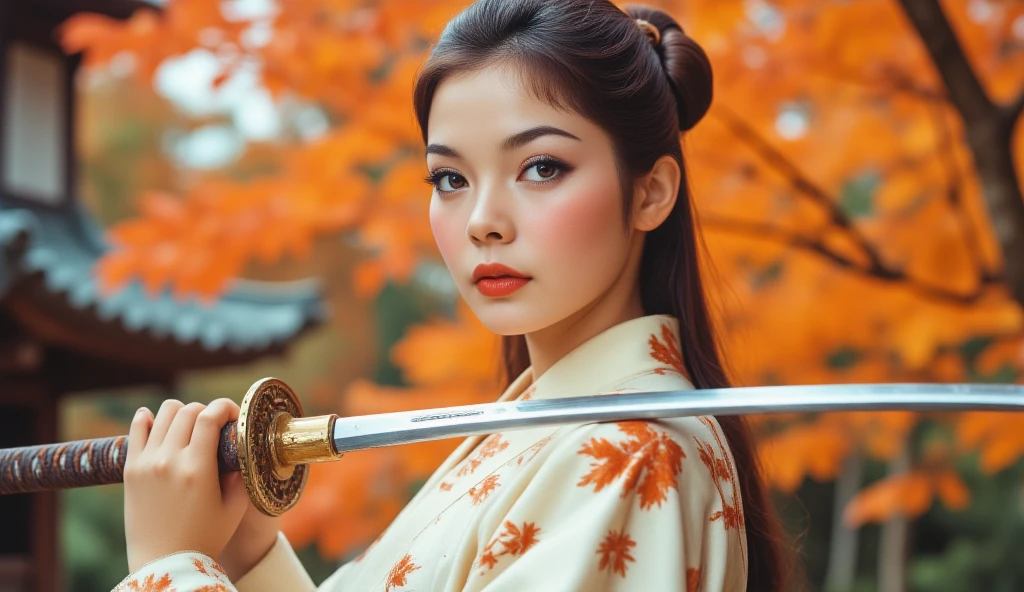 A young Asian woman, 20s, with long, dark hair styled in a bun, stands outdoors amidst a vibrant backdrop of orange fall foliage. She is dressed in a light, cream-colored kimono adorned with intricate patterns of orange and brown maple leaves. Her expression is confident and poised, with a subtle smile and red lipstick. She holds a katana, a traditional Japanese sword, in her right hand, the blade extending diagonally across her body, projecting strength and grace. The lighting is soft and warm, highlighting her features and the intricate details of the kimono. The focus is directed towards the subject, with the background softly blurred and out-of-focus, enhancing the autumnal color palette. The color scheme is primarily warm oranges, creams, and browns, complemented by the metallic sheen of the katana’s blade. The composition is focused on the central subject, with the sword and her pose creating a sense of dynamic movement. The style is evocative of a stylized portrait, balanced between realism and a certain degree of romanticization, aiming at presenting the subject as powerful yet appealing.