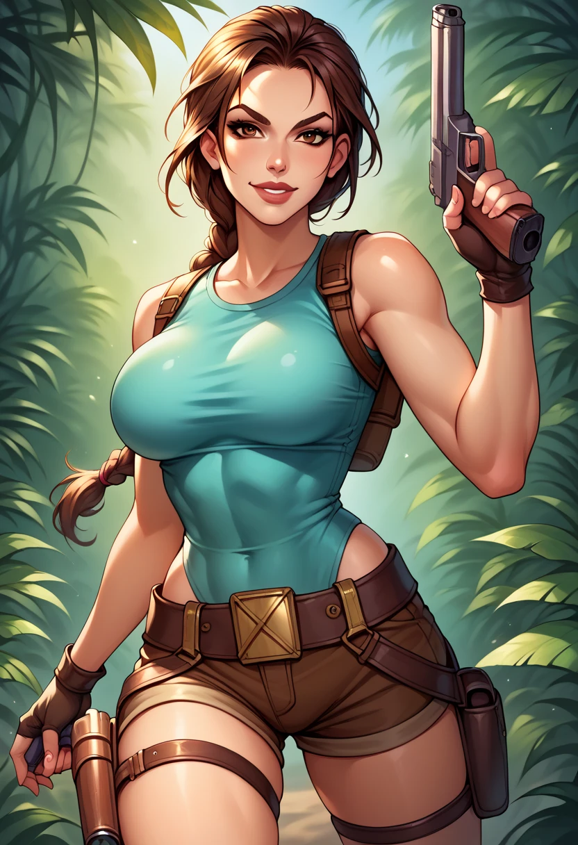 score_9, score_8_up, score_7_up,  source_anime,  BREAK solo, 1 girl,   TRLCLAS, brown hair, brown eyes, single braid, lips, teal tanktop, large breasts, sleeveless, shoulder strap, brown shorts, thigh holster,  seductive smile, looking at viewer, gun, holding gun, jungle, fingerless gloves,