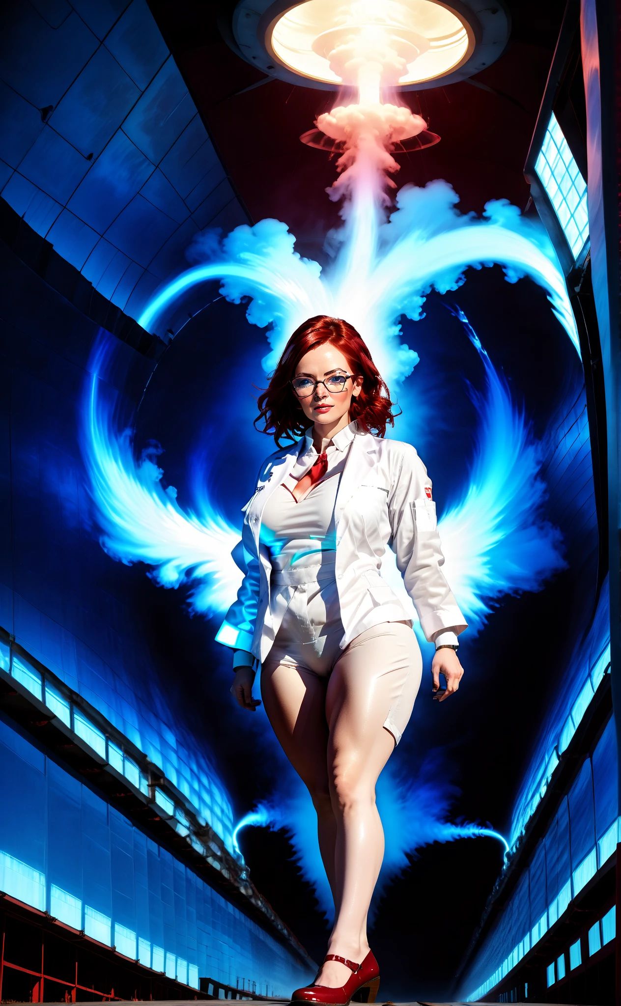 Woman, 30 years old. Nuclear scientist. Labcoat and glasses. Dark red hair. Irradiated by a radiation leak at nuclear power plant. Iridescent blue glow. She is transforming, growing into a 80ft tall giantess. Her muscles tighten and bulge. Her limbs lengthen and hips widen. Her breasts swell to enormous proportions. She grows through the roof of the containment building. Feeling powerful, strong,  sexy. 