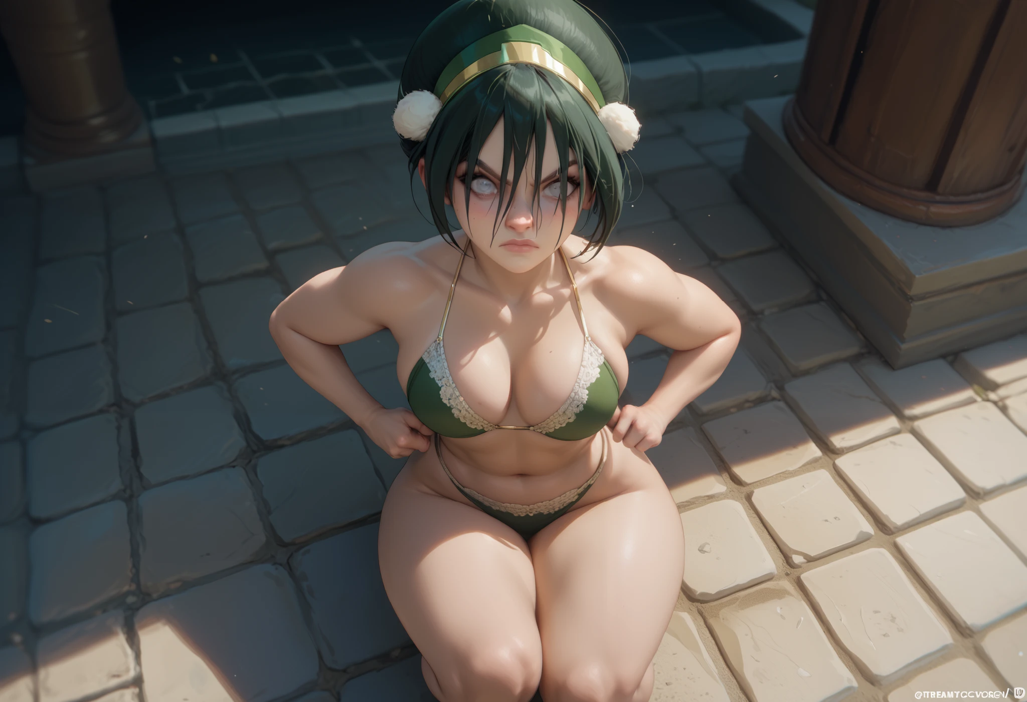 retrato (Solitario (Toph) 1girls aged up beach big breasts black hair blind breasts breasts out clothing embarrassed female female focus nipples ocean offscreen character outside pussy ripped clothing sand sweat thick thighs umbrella wide hips