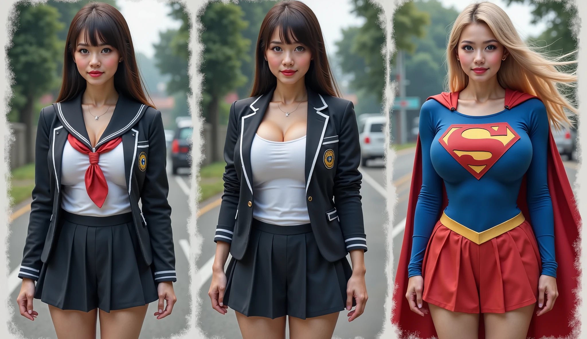 A SEXY MATURE JAPANESE SCHOOL GIRL WITH BLACK HAIR AND GREEN EYES DRINKS A SUPER SERUM THAT TRANSFORMS HER FOREVER. WATCH IN THIS 3 STAE TRANSFORMATION AS THE SUPER SERUM TAKES EFFECT AND TRANSFORMS THE SCHOOL GIRL INTO SUPERGIRL. FIRST FRAME SHE IS WEARING HER ICONIC BLACK AND WHITE SCHOOL GIRL UNIFORM, IN THE SECOND FRAME HER SCHOOL GIRL UNIFORM OPENS AS HER BODY GROWS AS HER EYES TURN BLUE AND HER HAIR TURNS BLONDE, IN THE FINAL FRAME SHE IS WEARING A BLUE SUPERGIRL COSTUME AND RED CAPE