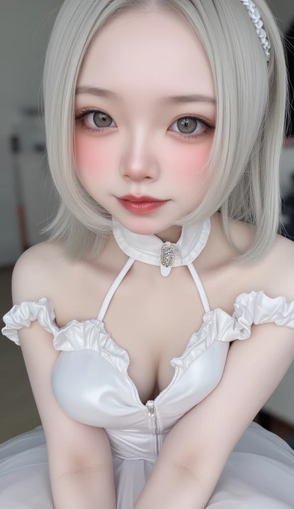 (Realistic、Like a photograph、Live Action、8k, Realistic, RAW Photos, Best image quality: 1.4), Single-lens reflex camera、RAW Photos, Highest quality, Realistic, Highly detailed CG Unity 8k wallpaper, Written boundary depth, Cinematic Light, Lens flare, Ray Tracing, Realistic background、A landmine girl waiting for an appointment、((Wearing an off-shoulder white blouse:1.4)、((Wear wide leg pants:1.1)、Big Breasts、Cleavage、Titty fuck))、((ultra high density skin))、 1 female,cute Japanese、Stand forward:1.2、The whole body is visible:1.5、Wearing sneakers:1.1、((Silver Hair:1.5)、short hair:1.2、My hair flutters in the wind)、stylish ambiance、Very detailed and perfect costume、(White skin)、Precise and beautiful legs:1.1、View from above、Super detailed face