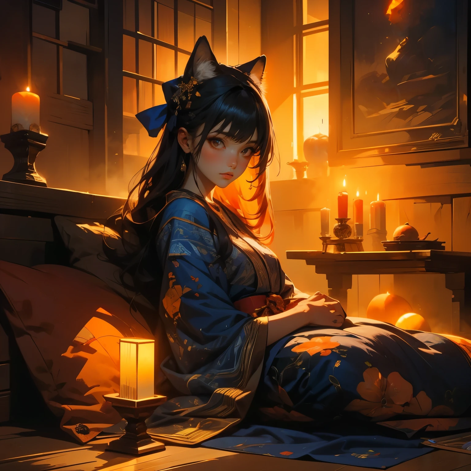 A Japanese  girl, elaborate navy blue kimono, elaborately decorated ancient-Japanese hair, black eyes, the pair of orange fox's ears on her head. pose: facing the viewer, on a red cushion,head slightly bow,. Setting: half body portal,  Night, traditional Japanese wooden room,candle light, dim, soft, orange light, with shadows.