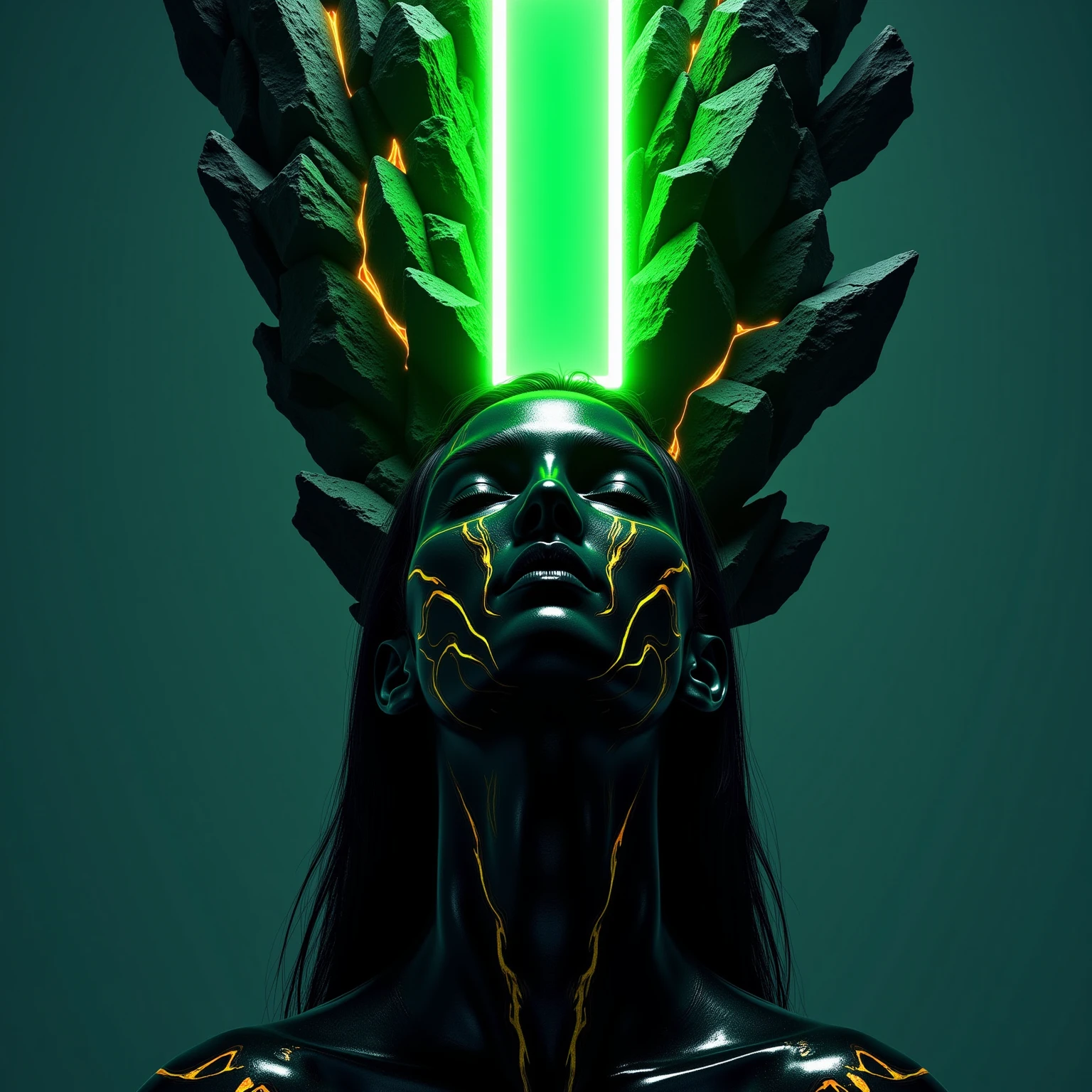 This image is a stunning portrayal of a futuristic male figure, blending hyper-realism with surrealist design. At its center is a humanoid bust, its surface an intricate interplay of polished, obsidian-like textures and sharp, angular cuts that streak across the face and neck. These obsidian fractures expose glowing, molten veins of orange and gold beneath the dark, glossy exterior, evoking the image of a living, volcanic entity. The smooth, black surface reflects light with an almost liquid brilliance, giving the figure a striking, otherworldly presence.

The face is sharp and angular, exuding strength and intensity. Long, flowing hair cascades around the head, merging seamlessly into the obsidian structure, with strands appearing almost as extensions of molten stone, glowing faintly at the tips. The figure’s expression is one of calm power, the head tilted upward as if transcending its physical form, lips closed in a contemplative pose.

Crowning the figure is a radiant, neon-green rectangle, cutting through jagged, volcanic rock formations that hover above the head. The glowing green plane emits a powerful luminescence, casting vivid light onto the face and hair while illuminating the cracks in the obsidian. Thick streams of fluorescent-green liquid drip from the edges of the rectangle and the rocks, their motion captured mid-flow, appearing alive as they cascade downward.

The backdrop is a minimalist gradient of muted cyan and gray, allowing the subject to dominate the composition. The contrast between the organic, rugged textures of the obsidian and the geometric precision of the glowing green rectangle highlights the tension between natural chaos and synthetic order. This artwork captures a transcendent male figure, both primal power and futuristic sophistication in a moment of cosmic balance.