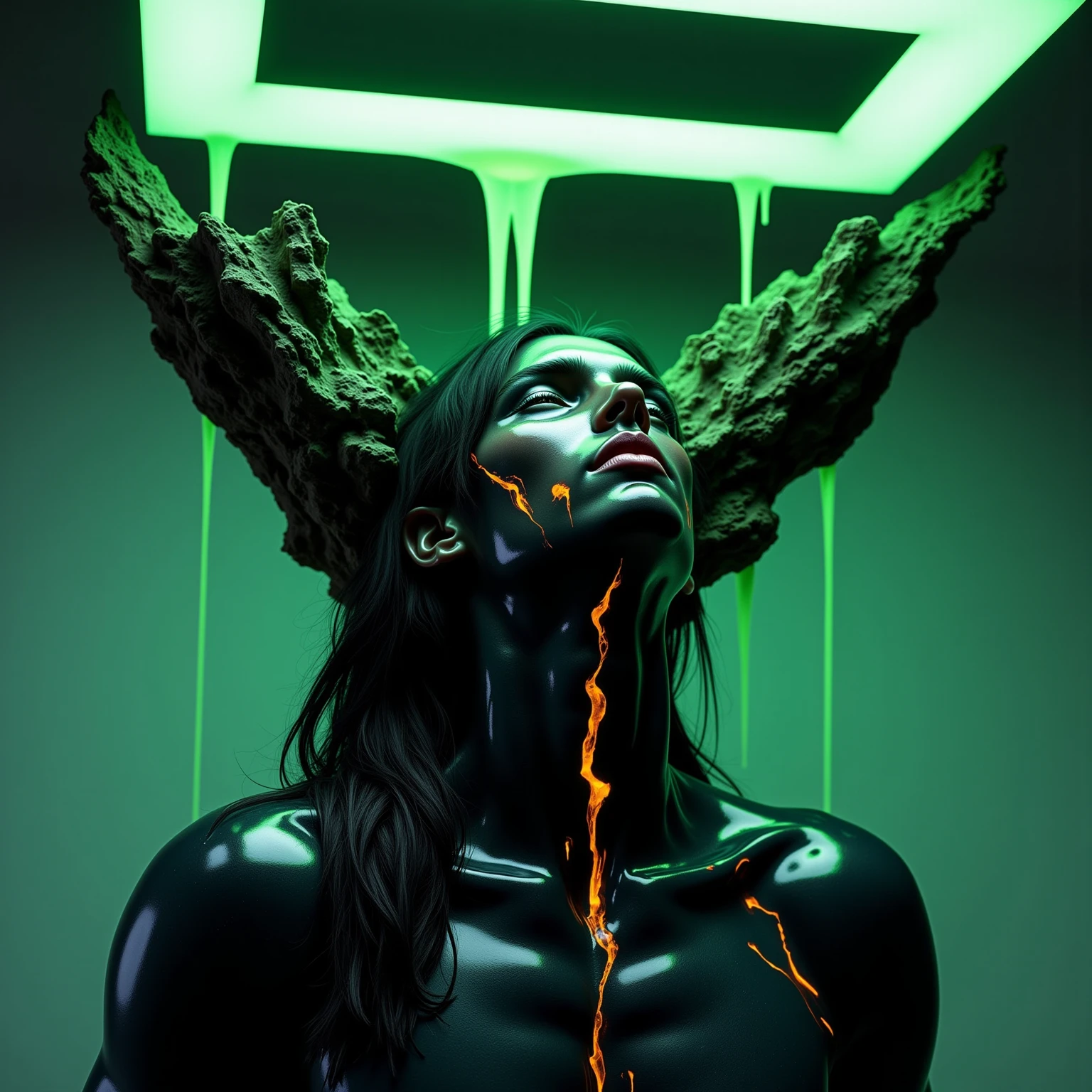 This image is a stunning portrayal of a futuristic male figure, blending hyper-realism with surrealist design. At its center is a humanoid bust, its surface an intricate interplay of polished, obsidian-like textures and sharp, angular cuts that streak across the face and neck. These obsidian fractures expose glowing, molten veins of orange and gold beneath the dark, glossy exterior, evoking the image of a living, volcanic entity. The smooth, black surface reflects light with an almost liquid brilliance, giving the figure a striking, otherworldly presence.

The face is sharp and angular, exuding strength and intensity. Long, flowing hair cascades around the head, merging seamlessly into the obsidian structure, with strands appearing almost as extensions of molten stone, glowing faintly at the tips. The figure’s expression is one of calm power, the head tilted upward as if transcending its physical form, lips closed in a contemplative pose.

Crowning the figure is a radiant, neon-green rectangle, cutting through jagged, volcanic rock formations that hover above the head. The glowing green plane emits a powerful luminescence, casting vivid light onto the face and hair while illuminating the cracks in the obsidian. Thick streams of fluorescent-green liquid drip from the edges of the rectangle and the rocks, their motion captured mid-flow, appearing alive as they cascade downward.

The backdrop is a minimalist gradient of muted cyan and gray, allowing the subject to dominate the composition. The contrast between the organic, rugged textures of the obsidian and the geometric precision of the glowing green rectangle highlights the tension between natural chaos and synthetic order. This artwork captures a transcendent male figure, both primal power and futuristic sophistication in a moment of cosmic balance.