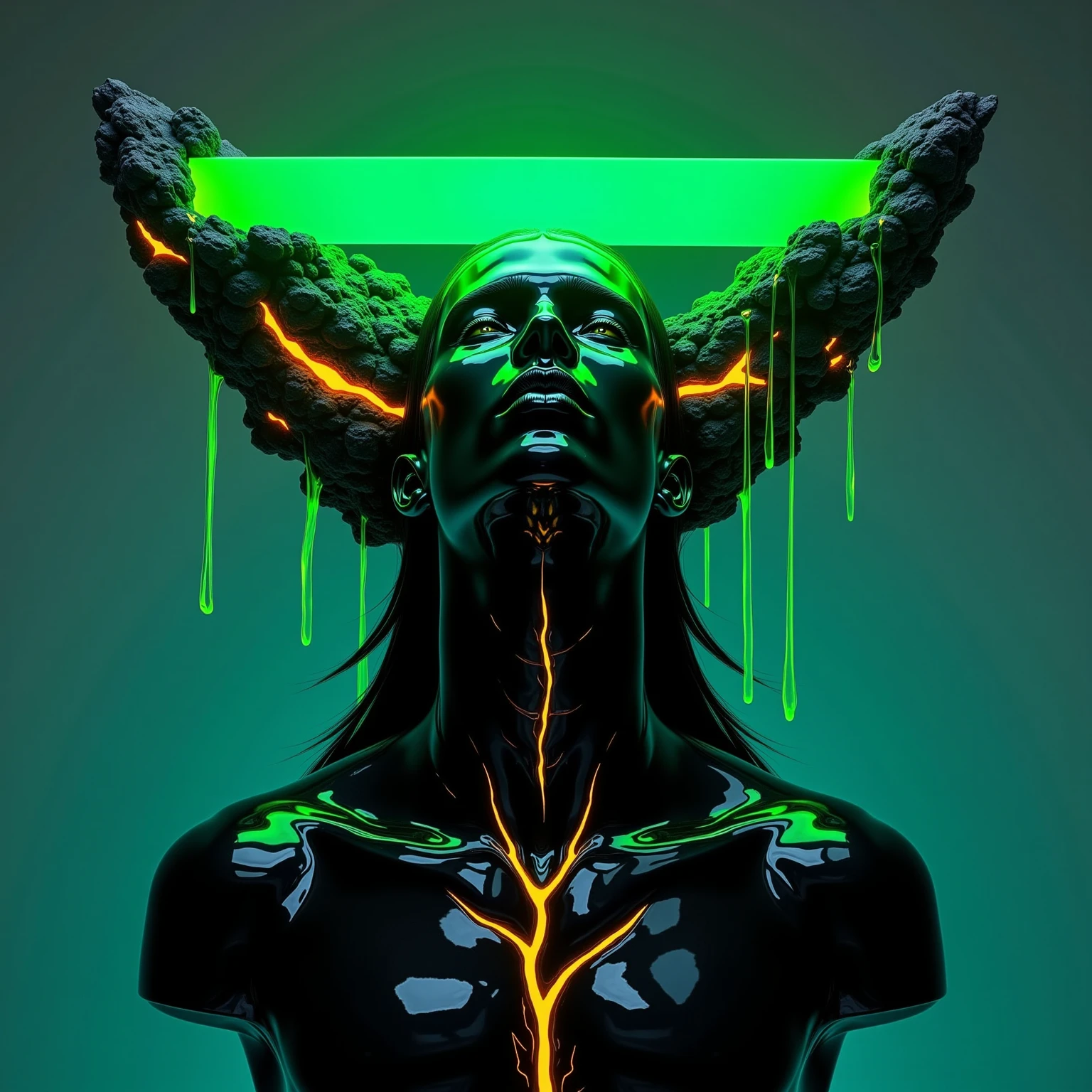 This image is a stunning portrayal of a futuristic male figure, blending hyper-realism with surrealist design. At its center is a humanoid bust, its surface an intricate interplay of polished, obsidian-like textures and sharp, angular cuts that streak across the face and neck. These obsidian fractures expose glowing, molten veins of orange and gold beneath the dark, glossy exterior, evoking the image of a living, volcanic entity. The smooth, black surface reflects light with an almost liquid brilliance, giving the figure a striking, otherworldly presence.

The face is sharp and angular, exuding strength and intensity. Long, flowing hair cascades around the head, merging seamlessly into the obsidian structure, with strands appearing almost as extensions of molten stone, glowing faintly at the tips. The figure’s expression is one of calm power, the head tilted upward as if transcending its physical form, lips closed in a contemplative pose.

Crowning the figure is a radiant, neon-green rectangle, cutting through jagged, volcanic rock formations that hover above the head. The glowing green plane emits a powerful luminescence, casting vivid light onto the face and hair while illuminating the cracks in the obsidian. Thick streams of fluorescent-green liquid drip from the edges of the rectangle and the rocks, their motion captured mid-flow, appearing alive as they cascade downward.

The backdrop is a minimalist gradient of muted cyan and gray, allowing the subject to dominate the composition. The contrast between the organic, rugged textures of the obsidian and the geometric precision of the glowing green rectangle highlights the tension between natural chaos and synthetic order. This artwork captures a transcendent male figure, both primal power and futuristic sophistication in a moment of cosmic balance.